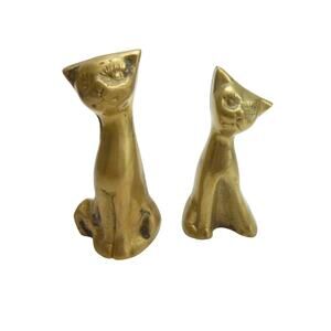 Vintage Small Brass Long Neck Cat Figurine Two Little Cats Cottage Decor